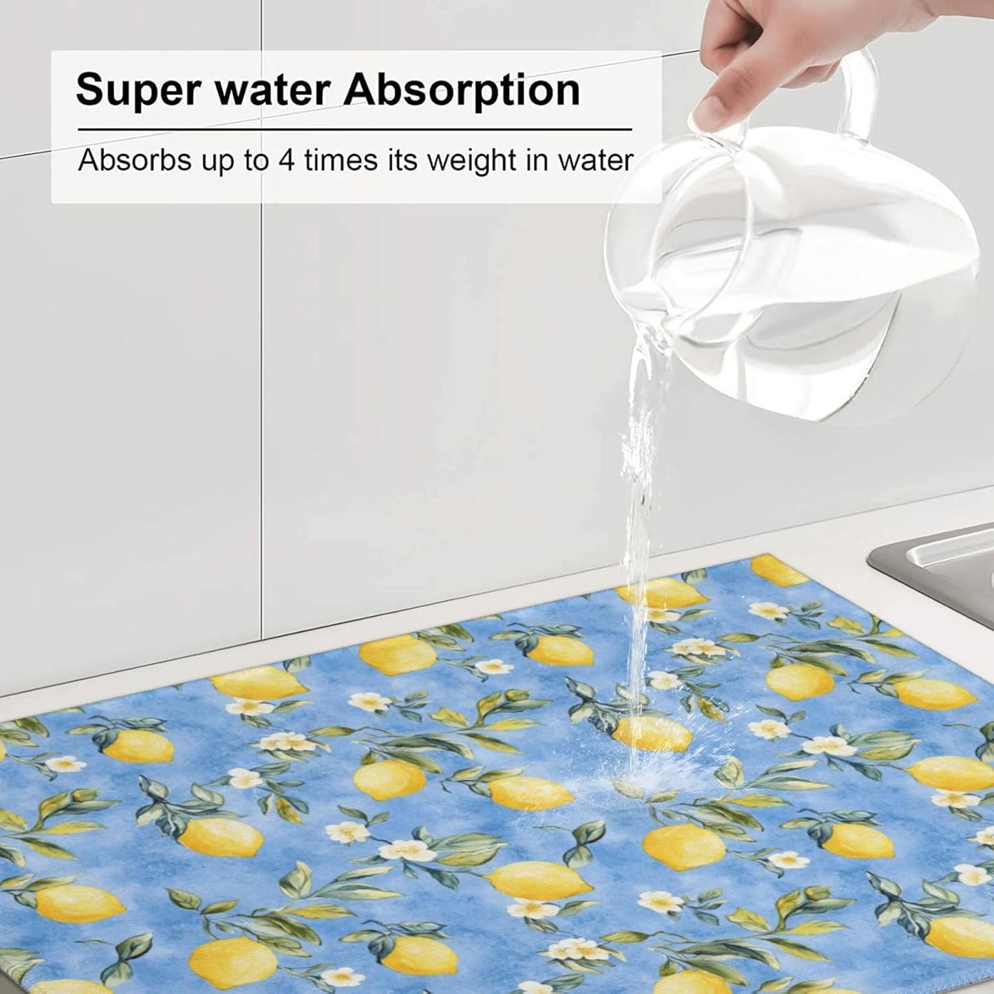 Dish Drying Mat for Kitchen Blue Watercolor Lemon Flower Counter Absorbent Dishes Drainer Microfiber Large 18x24 Inch