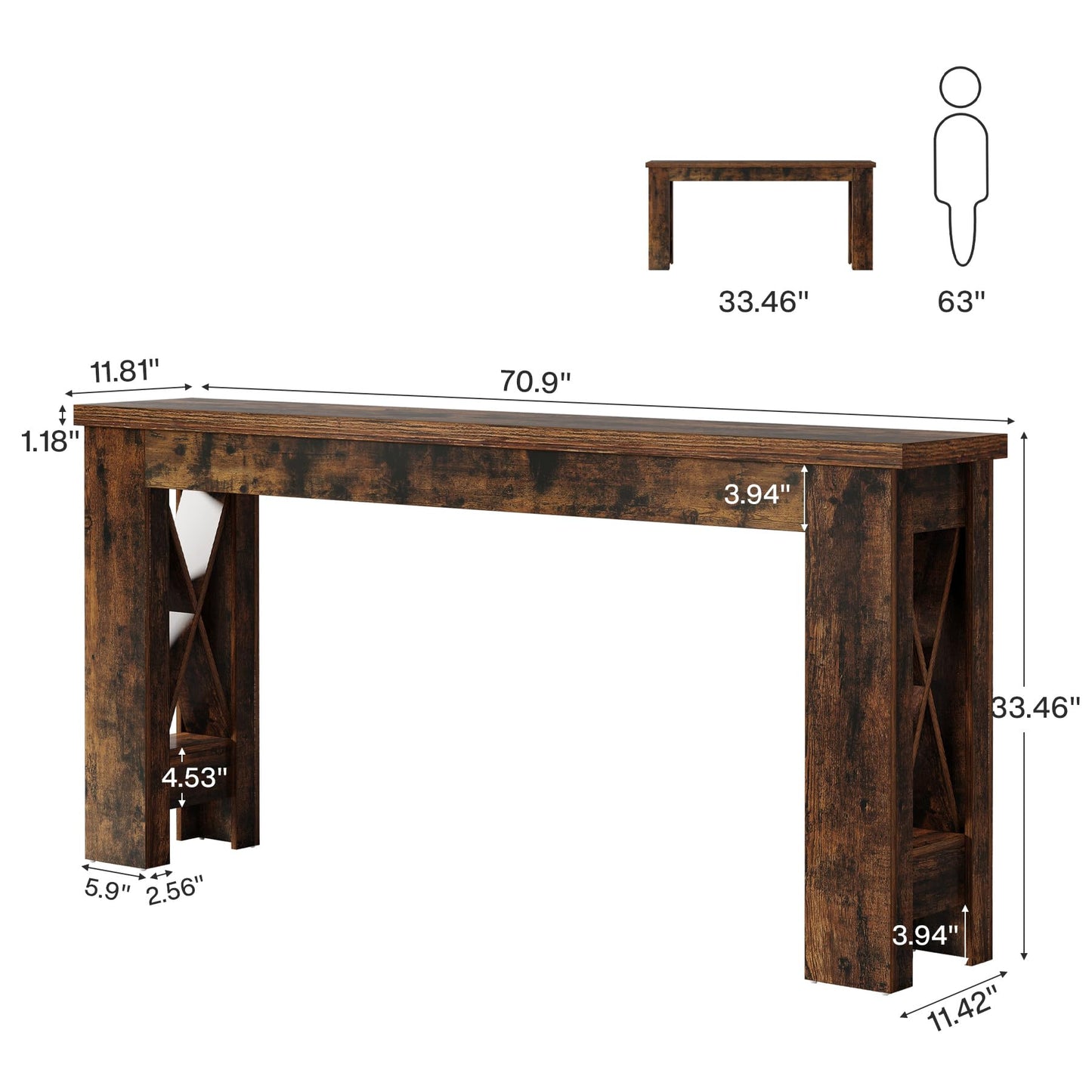 Tribesigns 70.9" Extra Long Console Table, Farmhouse Narrow Long Entryway Table with H-Shaped Legs for Living Room, Hallway, Rustic Brown