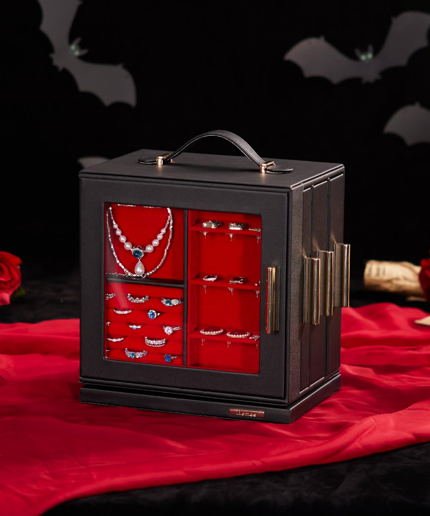 Homde Jewelry Box 360° Rotating, Necklace Earring Organizer with Transparent Window, Mirror, 7 Drawers, Large Ring Display Storage Case for Girls Women (Black + Red)