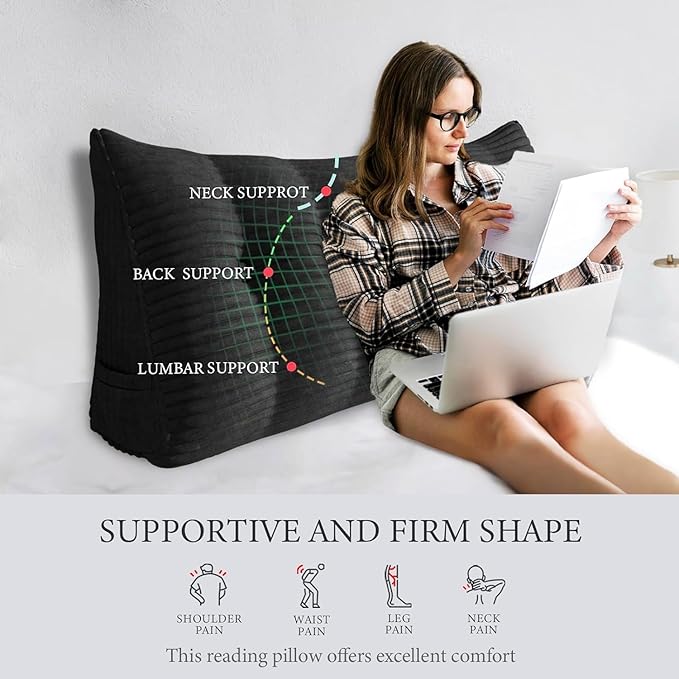 Wedge Headboard Pillow Dorm Room Reading Pillow Back Support for Sitting Up in Bed Bolster Lumbar Cushion Body Positioning Bedrest Corduroy (Black, Full (54 * 8 * 20in))