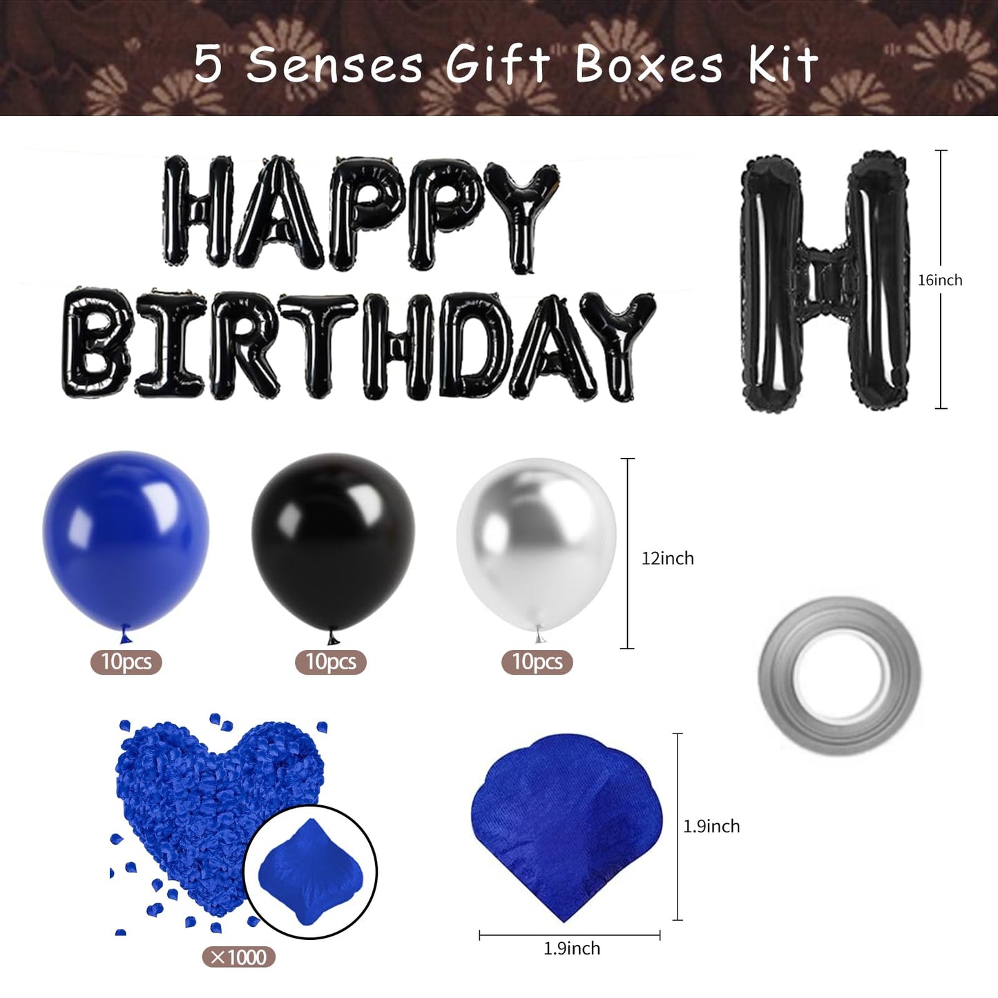 5 Senses Gift Boxes for Him Five Senses Gift Birthday Decorations Black Nesting Gift Boxes With Lids Happy Birthday Banner Balloon for Husband Boyfriend (Blue black)