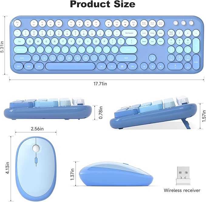 Wireless Keyboard Mouse Combo, Typewriter Full Size Keyboard with Number Pad and 2 in 1 USB Connected Mouse for Windows 7/8/10, Laptop, Desktop, PC, Computer (Blue Colorful)