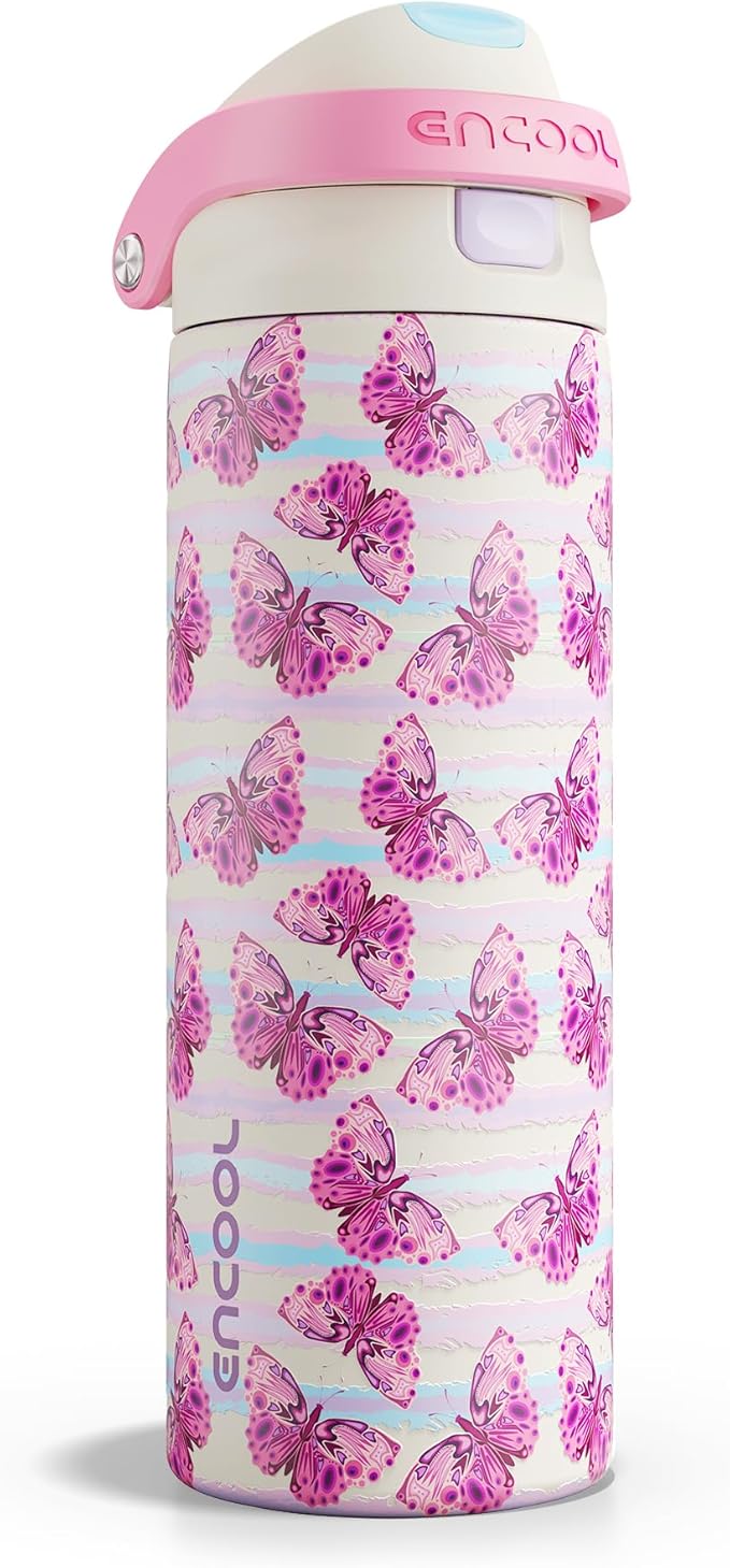 ENCOOL Leakproof Insulated Water Bottle with Straw Dual-Sip Water Bottle Bag-Safe Design for Work, Commute & Gym – Keeps Drinks Cold All Day, 24 oz, Y2K Butterfly