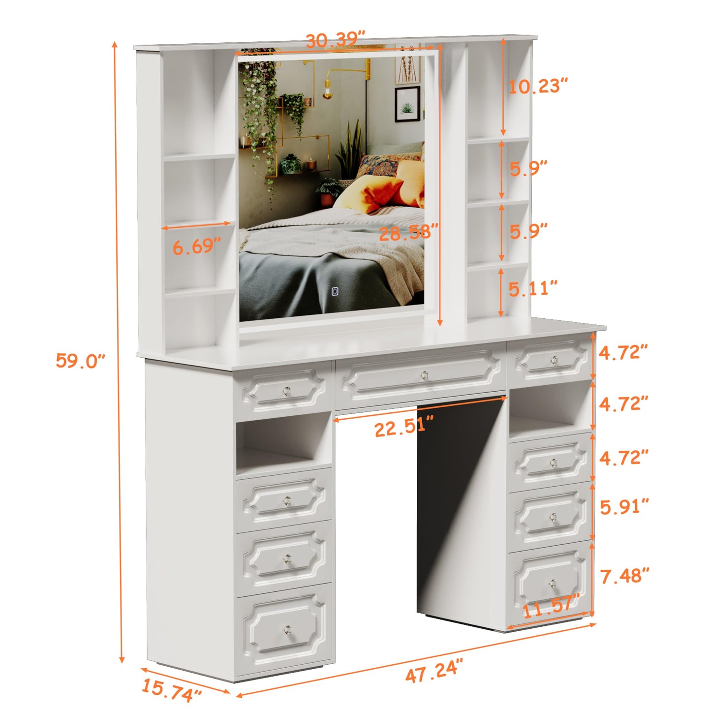 Makeup Vanity with Lighted Mirror, 47" Large Vanity Desk with 9 Drawers & 10 Open Storage Shelves, Brightness Adjustable, Dressing Table for Bedroom, Women Girl (White, B Panel)