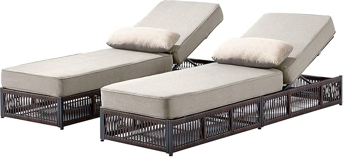 ACTREST Luxury Outdoor Chaise Lounges with 5 Inch Thickened Cushions - Set of 2 High Back Brown Wicker Patio Recliners Rattan Reclining Chairs Porch Poolside Pool Sunbathing Lounger - Beige