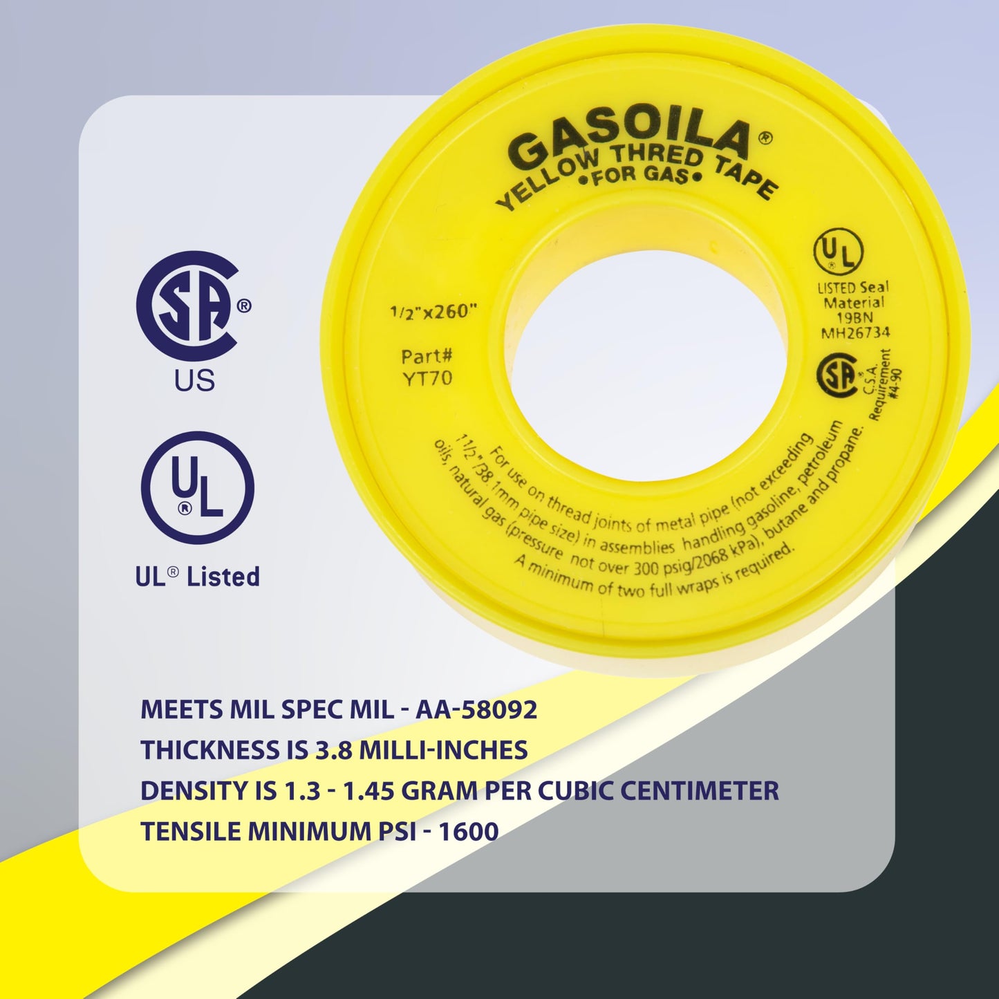 Gasoila Yellow PTFE Thread Seal Tape – Professional-Grade, 1/2 Inch x 260 Inch, High-Density Thread Tape for Gas Lines– Leak-Proof Seal, Non-Toxic