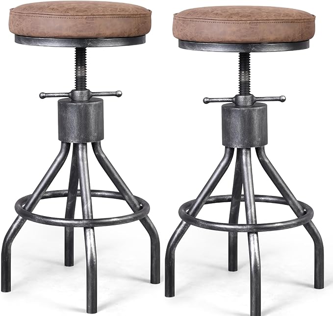 BOKKOLIK Industrial Bar Stools Swivel Pu Seat Vintage Kitchen Island Counter Stool 23-33inch Height Adjustable Rustic Shop Chair (Set of 2)