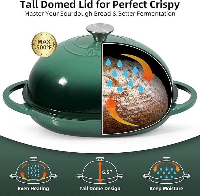 Davivy 6QT Oval Bread Dutch Oven with Domed Lid, Enameled Cast Iron Dutch Oven for Sourdough Bread Baking 6QT, Oval Cast Iron Sourdough Bread Pan with Lid - Forest Green