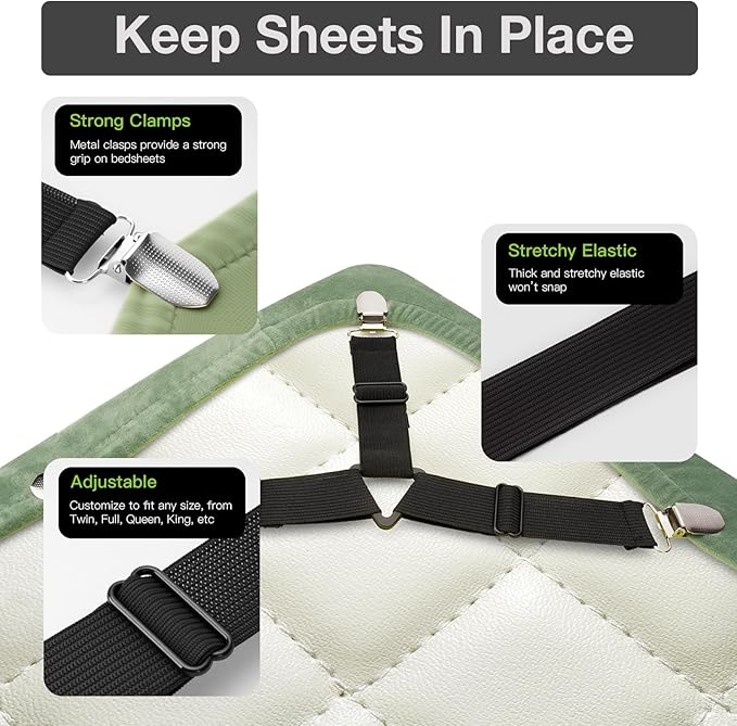 EasYoung 8PCS Bed Sheet Holder Straps, Adjustable Elastic Fasteners with Metal Clips, Keep in Place Fitted Bedding Holder, Easy Install for Wrinkle Bedding Sheet