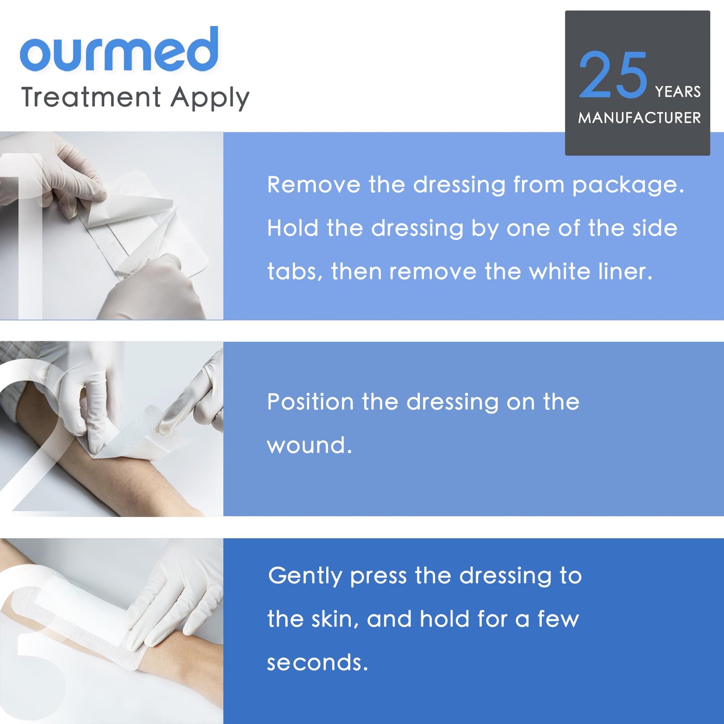 Ourmed Island Dressing Bordered Gauze 4"x 10"(2"x 8" Absorbent Pad), Pack of 25, Self-Adhesive Sterile Dressing with Highly Absorbent, Latex& Rubber- Free, for Cuts and Scratches