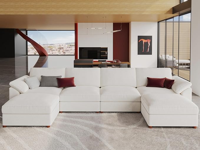 EASE MOOSE Cloud Sectional Modular Sofa, Oversized U Shape Sectional Couch Wide Deep seat Sectional Sofa,FSC Certified Comfortable Chenille White Cloud Modular Sofa