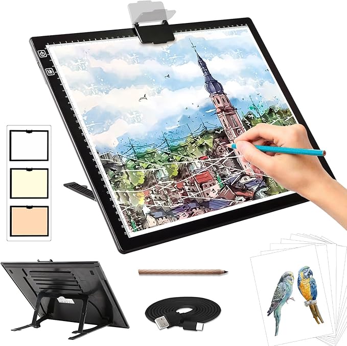 Rechargeable A3 Light Pad for Diamond Painting,Tracing Light Box with Stand and Clip,3 Colors Stepless Dimmable and 6 Leve...