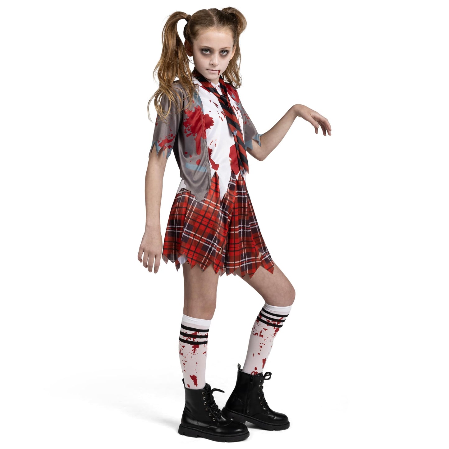 Spooktacular Creations Zombie Schoolgirl Costume, Halloween Girl Bloody Zombie Costume for Kids,Halloween, School, Event Party Dress Up (Gray, Medium(8-10 yrs))