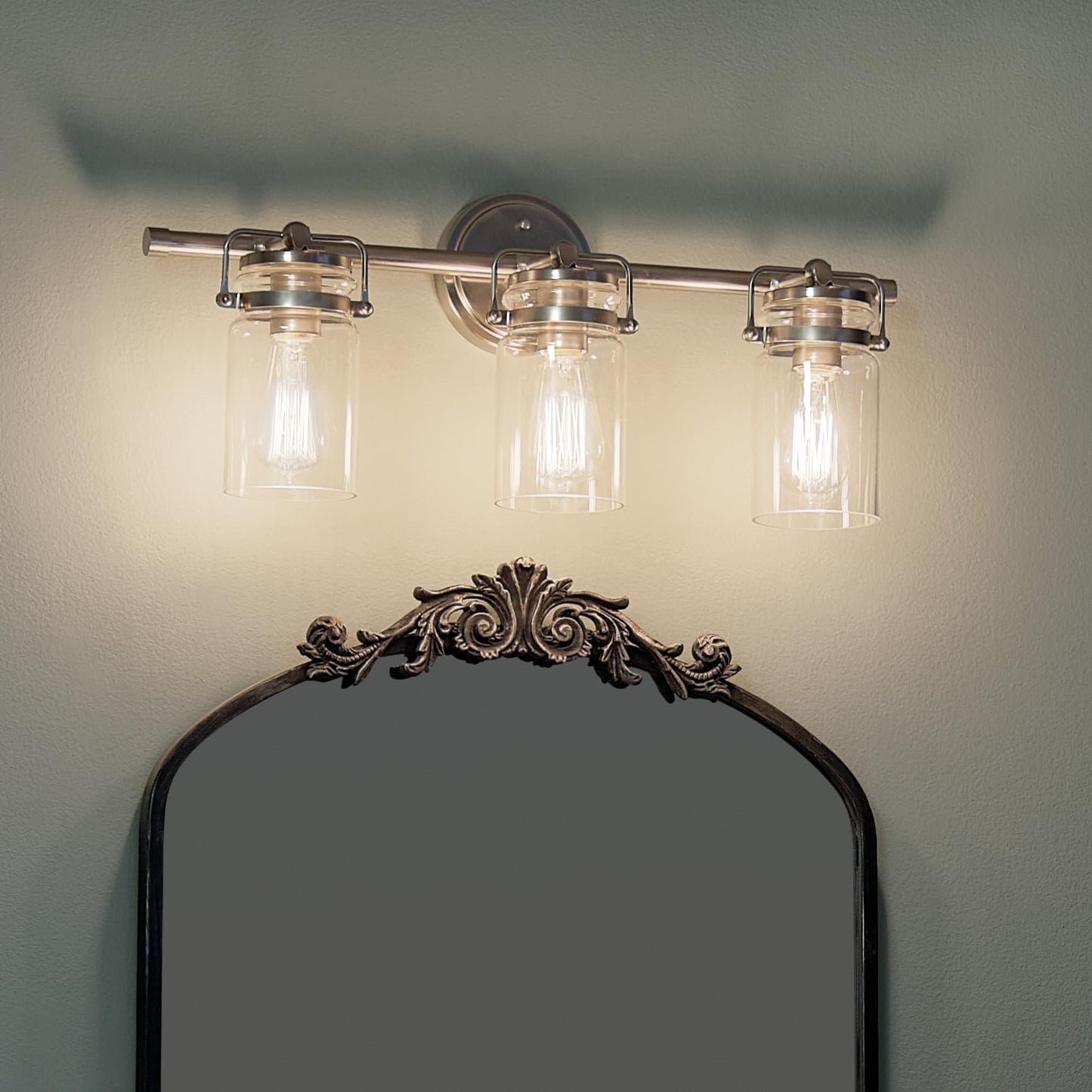 Kichler Brinley 24" Vanity Light in Brushed Nickel, 3-Light Farmhouse Bathroom Vanity Light with Clear Glass, (24" W x 10" H), 45689NI