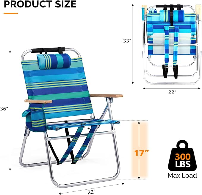 VINGLI Aluminum 17" Backpack Beach Chair – Tall Beach Chairs for Adults, Portable with Adjustable Straps, 3-Position Reclining, Cup Holder, High Lightweight Beach Chairs for Beach