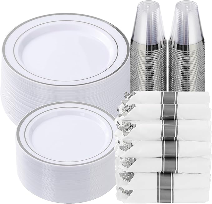 Goodluck 350 Piece Silver Plastic Dinnerware Set for 50 Guests, Fancy Disposable Plates for Party, Include: 50 Dinner Plat...