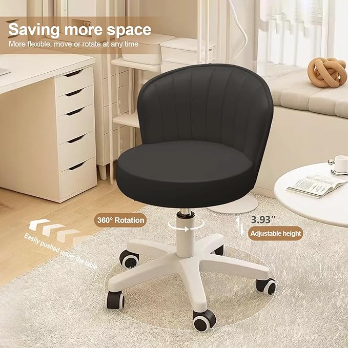 Small Round Rolling Desk Chair Armless Comfy Vanity Computer Chair with Low Backrest PU Leather Height Adjustable Swivel Work Spa Chair