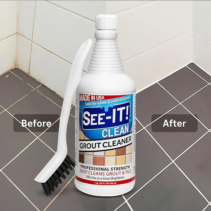 Grout & Tile Deep Cleaner Brightener & Heavy-Duty Stain Remover Acid-Free Safe for Ceramic, Porcelain, Marble, Stone - 32 fl. oz. with Hand Cleaning Brush