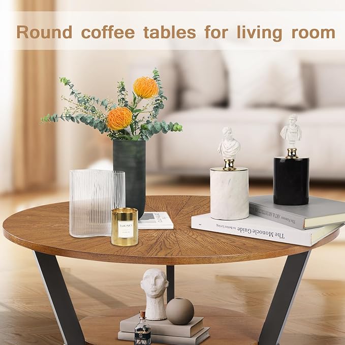 Round Coffee Tables for Living Room, 2-Tier Modern Circle Center Table with Storage, Wood Sofa Table with Metal Frame，35'x 17' Inches，Easy Assembly，Walnut