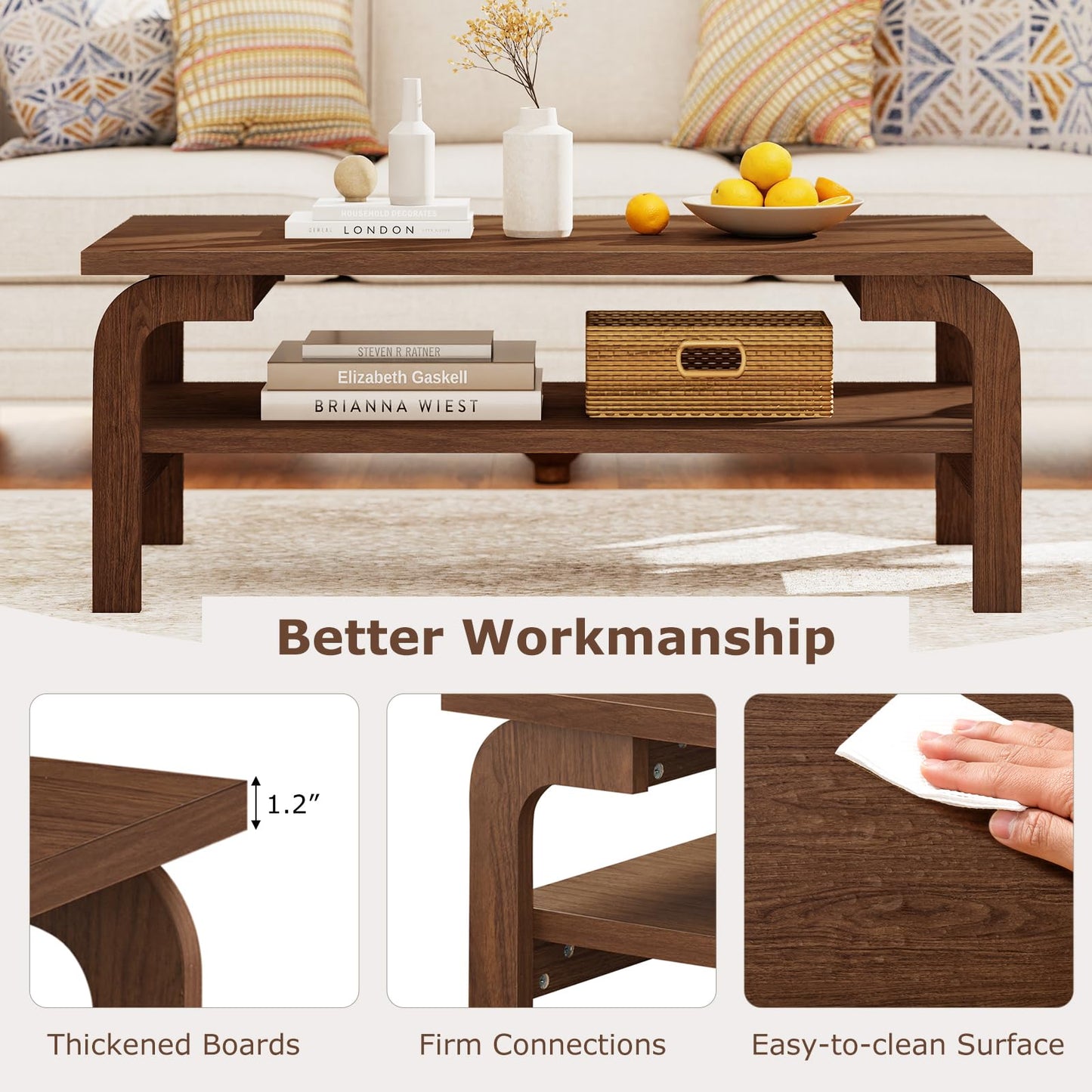 Giantex Mid Century Modern Coffee Table, 47" 2-Tier Center Table with Storage Shelf, Rectangular Vintage Cocktail Table w/Curved Legs & Large Tabletop, Wood Living Room Tables for Apartment, Walnut