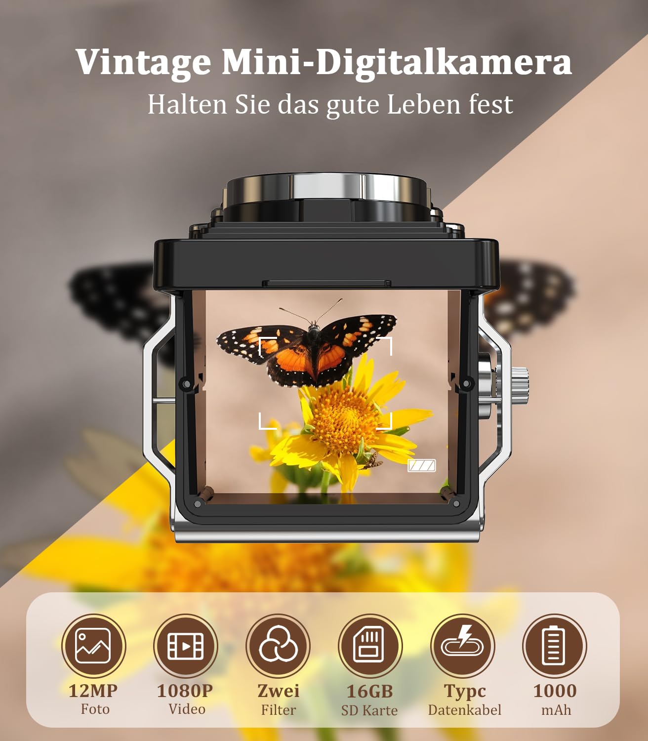 Chuzhao Digital Camera Retro, Portable Tlr Style Twin-Lens Vintage Camera, 12Mp Autofocus 1080P Fhd Point And Shoot Pocket Vlogg