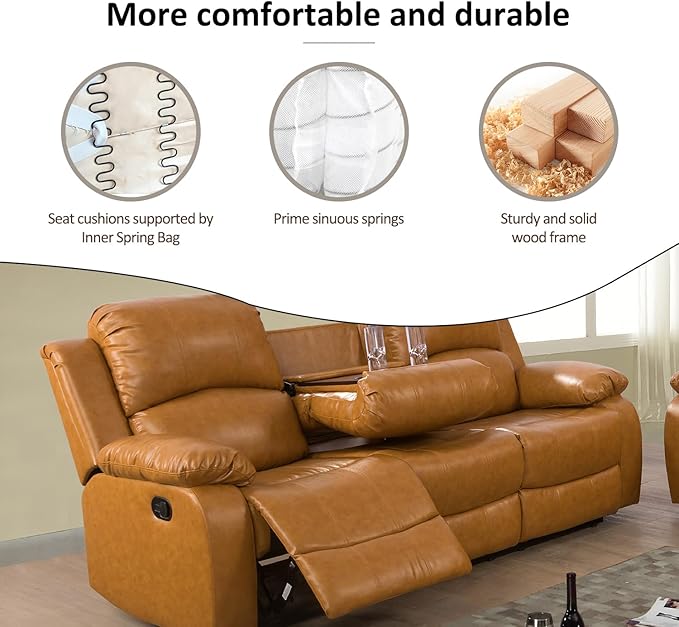 A Ainehome Living Room Furniture Set Leather Recliner Sofa Set Loveseat Chair Furniture Sofa Set for Living Room/Small Space/Rv/House/Office/Theater Seating (A-Ginger Leather, Sofa(3seater))