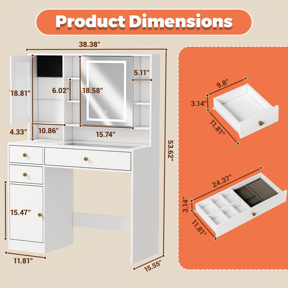 Vanity Desk with LED Lighted Mirror and Jewelry Organizer & Glass Top and Charging Station, Makeup Vanity with 3 Drawers and 2 Storage Cabinets & Hidden Compartment, Dressing Table for Bedroom, White