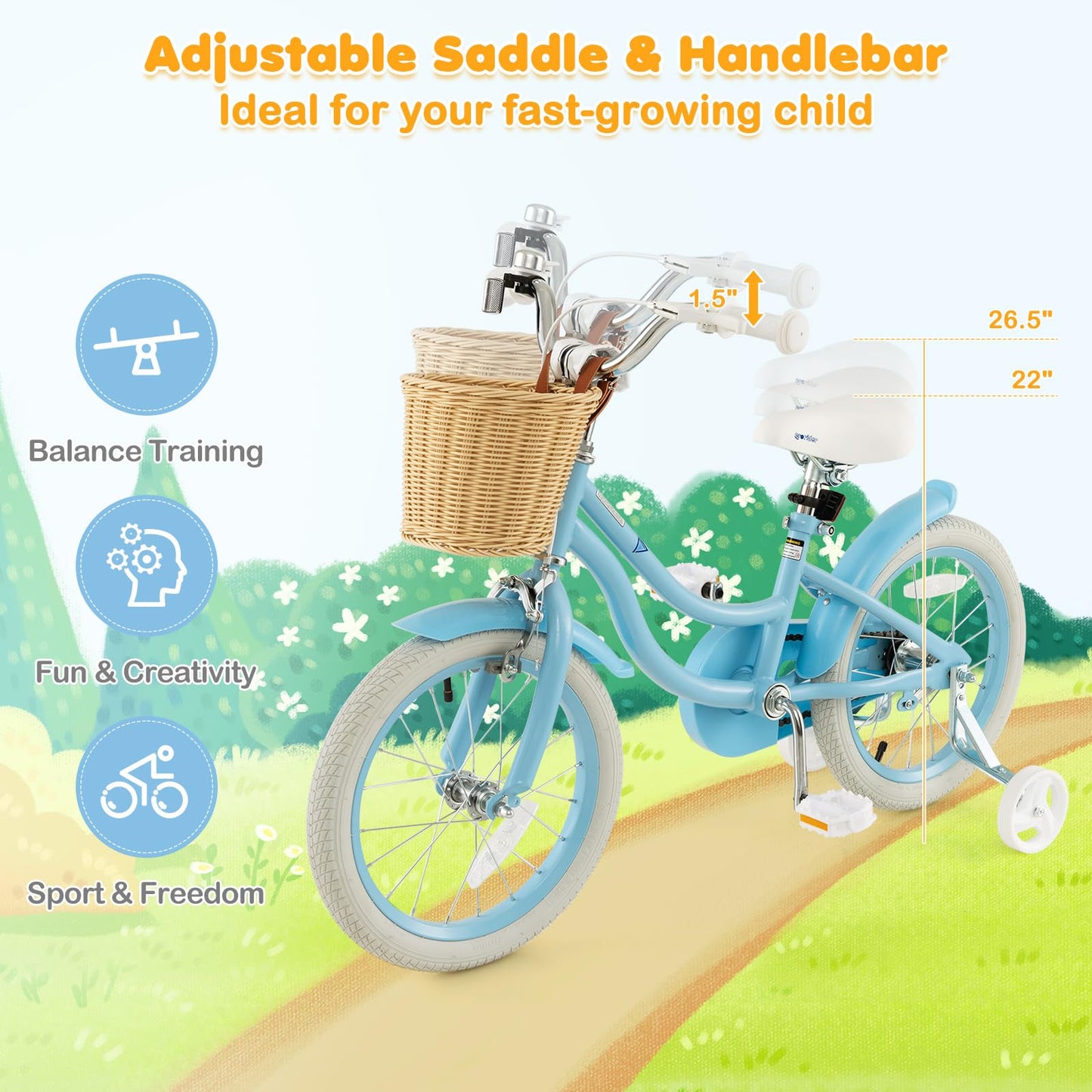 BABY JOY Kids Bike, 16 Inch Kids Bicycles for 4-7 Years Old Children with Training Wheels, Adjustable Height, Handbrake & Coaster Brake, Boys Girls Bike (Blue)