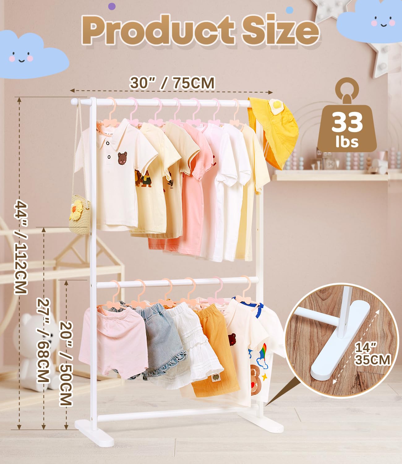 Relquorax Bamboo Kids Clothing Rack with Dual Poles, Child Dress Up Rack, Clothing OrganizerRack, Small GarmentRack, Perfect for Costumes and Accessories (White)