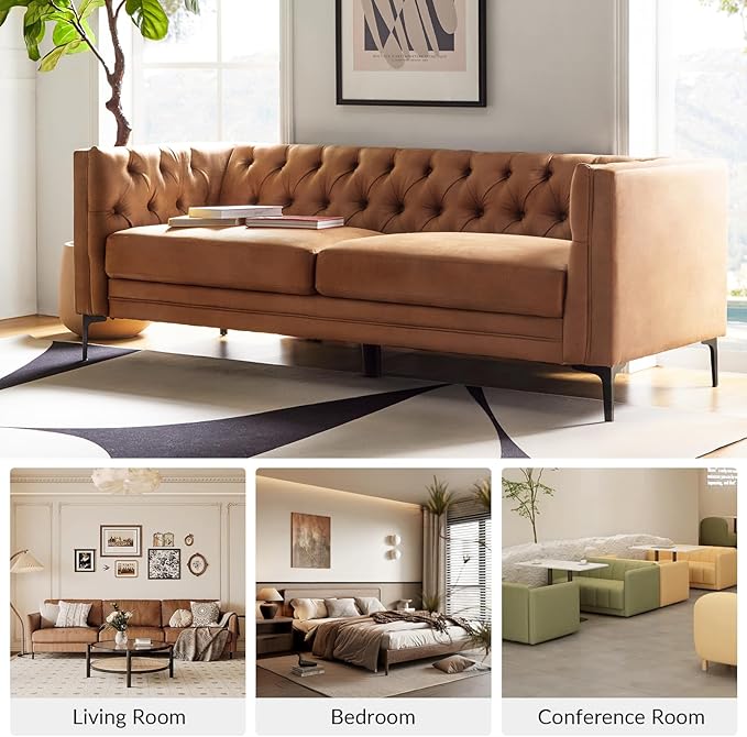 HULALA HOME 84" W Faux Leather Sofa Couch with Metal Legs, Button-Tufted 3-Seater Sofa, Mid Century Modern Upholstered Couch for Living Room, Entertainment Area, Apartment,Camel
