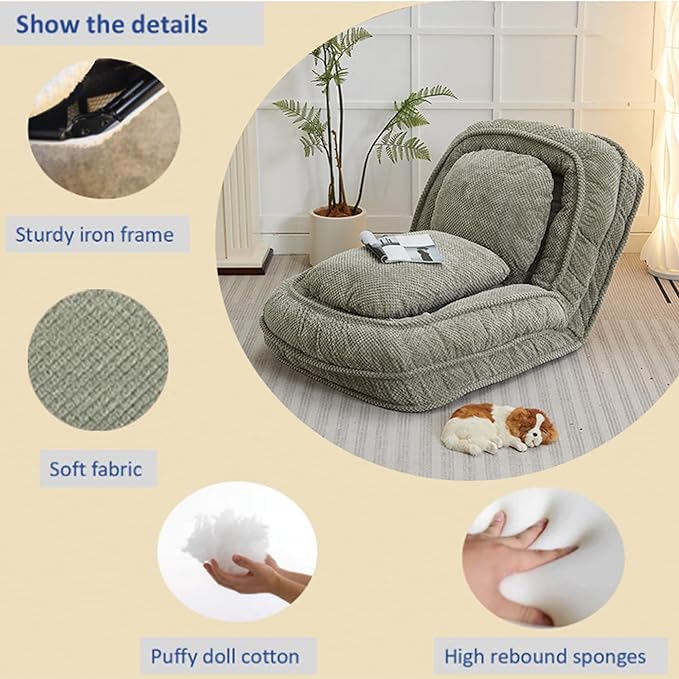 KEIKI Foldable Tatami Lazy Sofa Couch Bed with 5 Adjustable Position, Minimalist Style Space Saving Design Human Dog Bed with Cushion Back, Easy Assembly, for Apartment, Living Room, Bedroom, Green