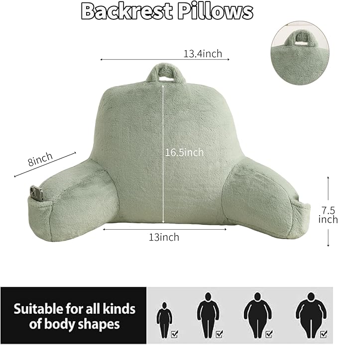 PAJEO Reading Pillow for Sitting in Bed, Large Backrest Reading Pillow with Arm Rest,Back-Rest Support Cushion for Sit Up on Couch, Sofa, and Floor, Dorm Essentials (Green Faux Fur, Standard(17"))