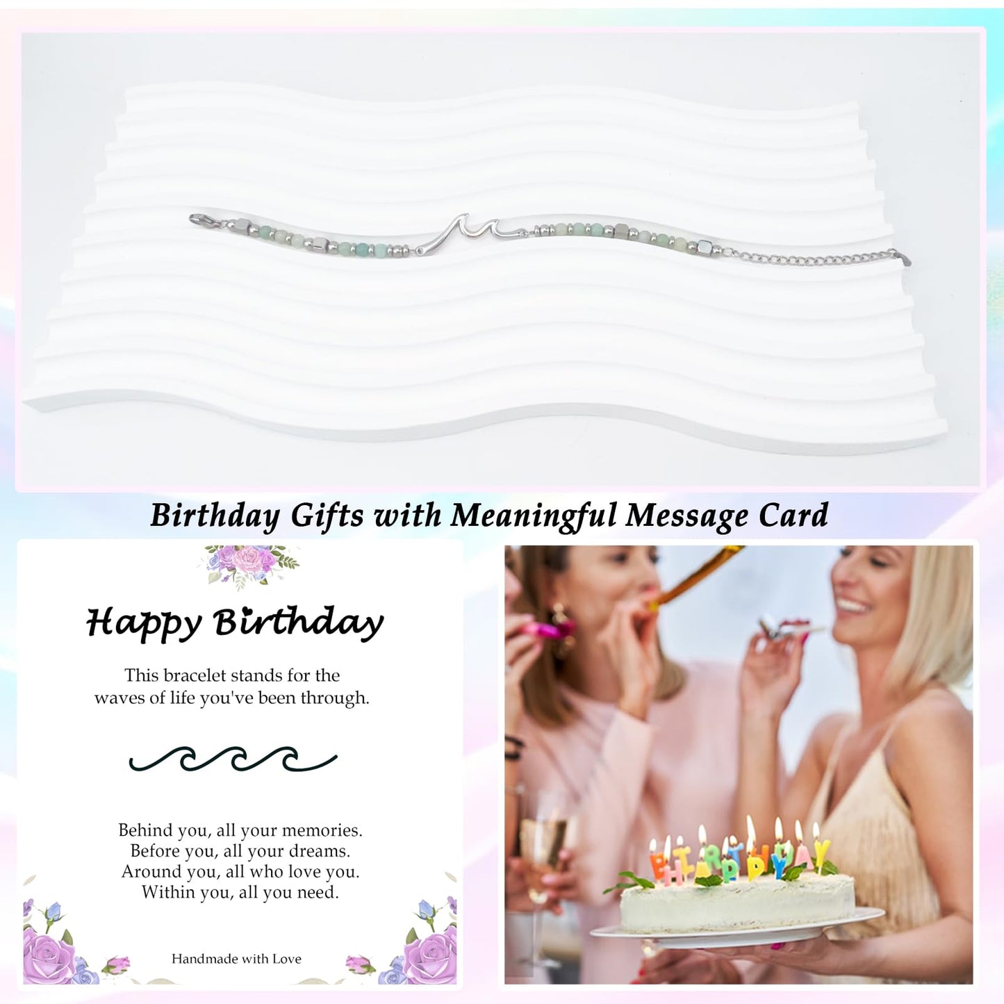 Birthday Gifts for Women, Unique Amazonite Wave Bracelet Gifts for Happy Birthday 18th，21st, 30th, 40th, 50th, 60th Birthday Gift Ideas for Bestie Friend Sister Mom Daughter Wife Grandma Grammy Nonna
