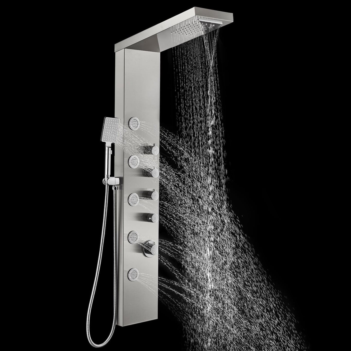 ROVOGO Shower Panel Tower with Rainfall Waterfall Shower Head, 5 Body Jets and 3-Function Handheld, High Pressure Rain Massage System, Wall-Mount Shower Column, Stainless Steel Brushed