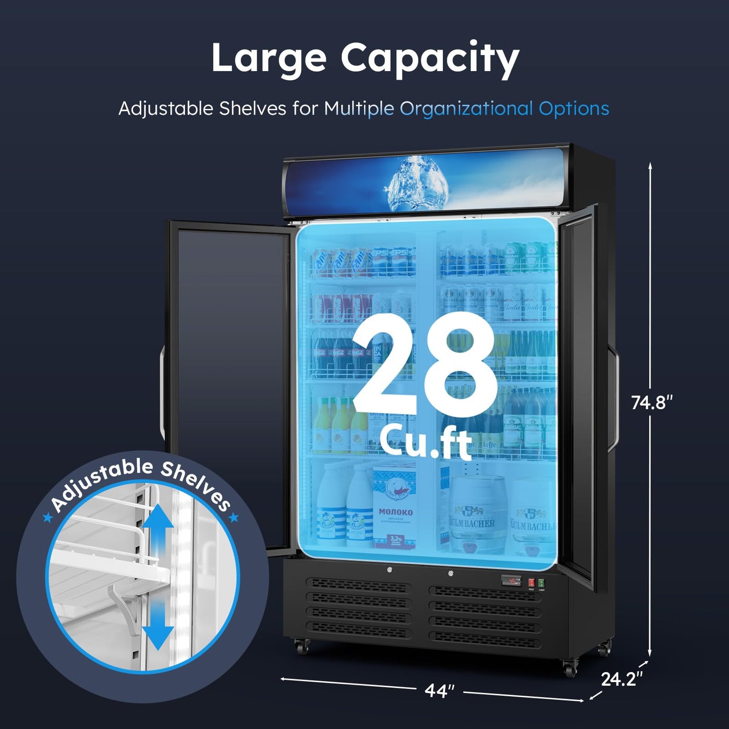 44"W ETL & DOE Certified 28 Cu Ft Commercial Merchandiser Refrigerators 2 Doors, Display Beverage Fridge with Built-in LED Light & Front LED Light,Double Glass Door Upright Business Retail Cooler