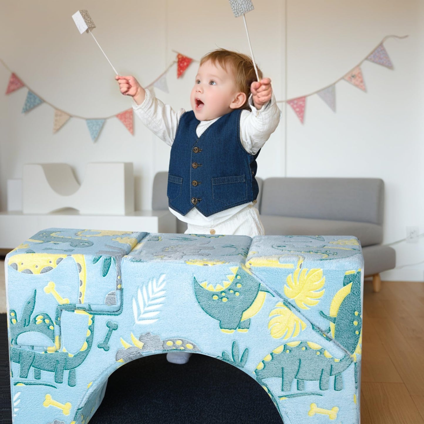 MeMoreCool Foam Climbing Toddler Couch, Modular Kids Sofa with Slide & Stair, Convertible Baby Couch for Playroom, Sectional Furniture for Crawling, Climbing, and Kids’ Play