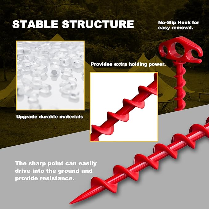 COBARYEN Tent Stakes Ground Anchors Screw in, 10 Pack Sand Stakes for Beach 9.4 Inch Heavy Duty Spiral Tent Pegs for Camping, Party, Hiking, Outdoor Decoration (10, Red)
