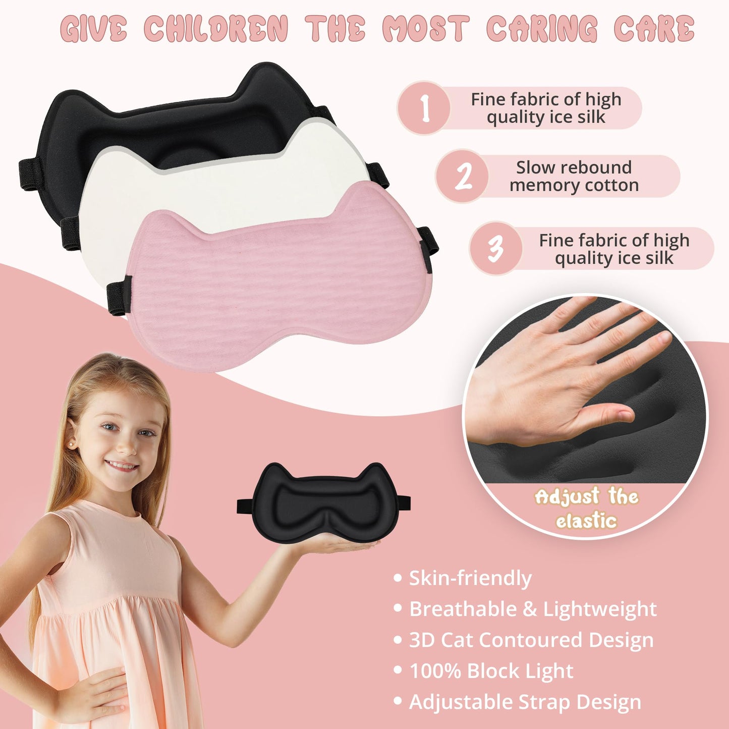 Kids Sleep Mask Eye Mask: 3D Contoured Cup Sleeping Masks, Blindfold with Adjustable Strap, Kids Eye Cover for Boys, Girls, Teens, Pressure-Free with Memory Foam Face Mask for Sleeping (Pink)