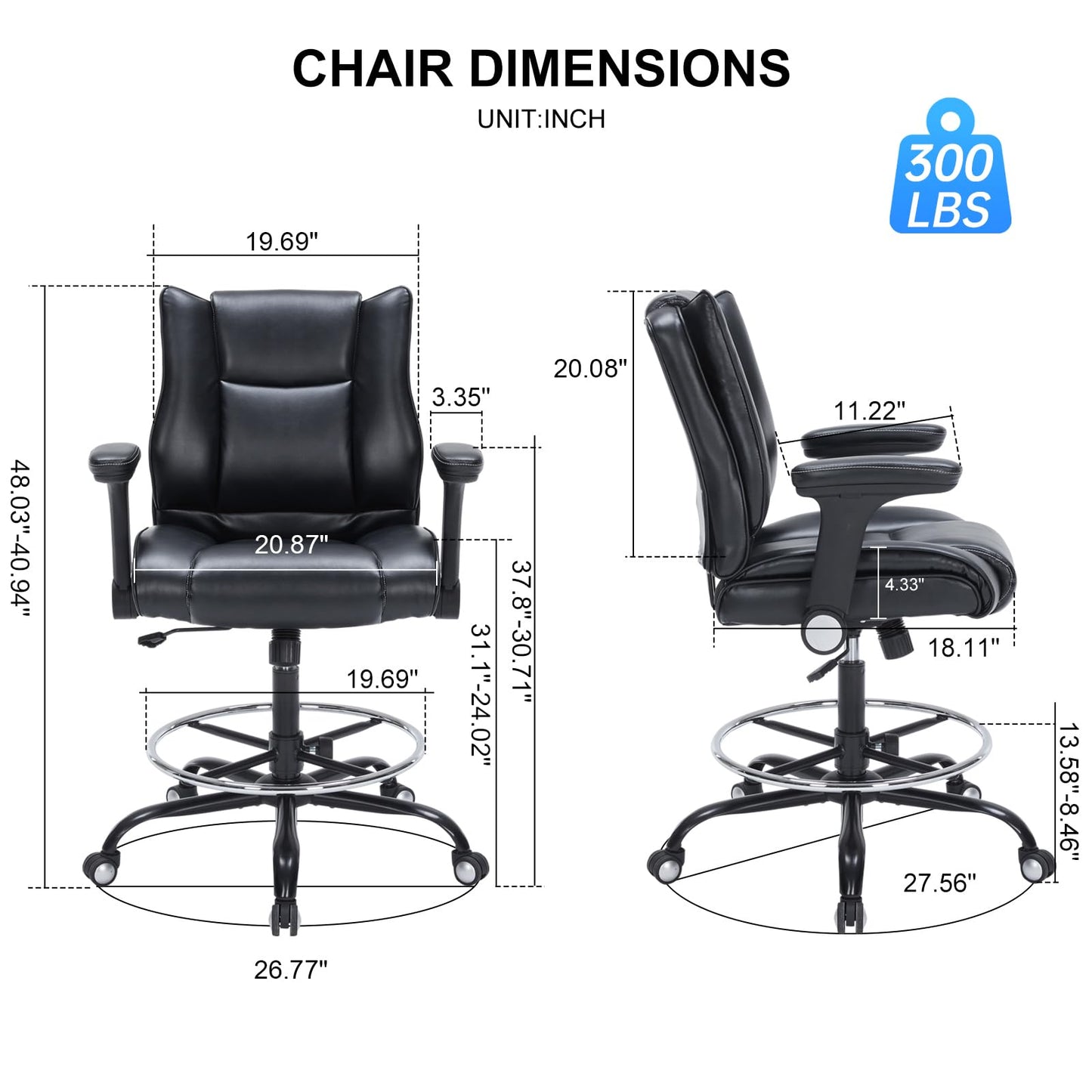 Office Drafting Chair, Tall Desk Chair with Adjustable Armrests and Footrest Ring PU Leather Standing Desk Chair with Extra Thicken Seat Cushion, Comfy High Office Chair for Counter Height Desk, Black