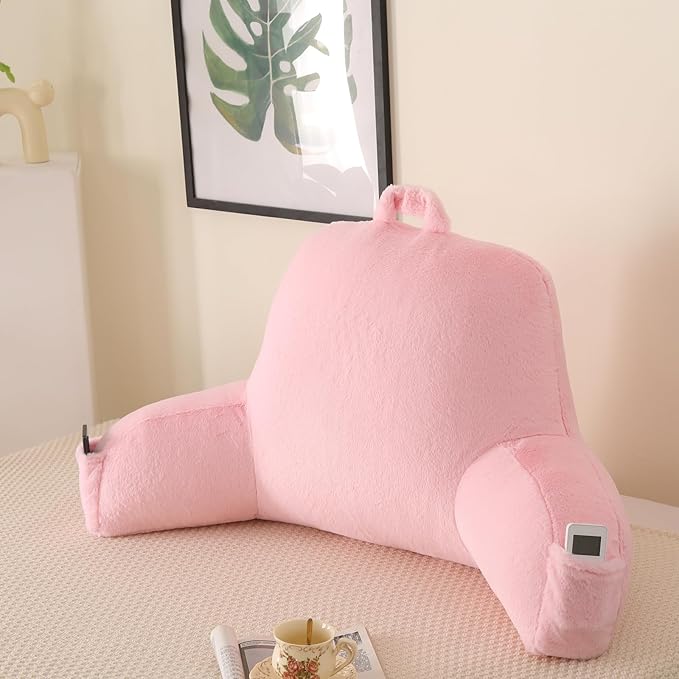 PAJEO Reading Pillow for Sitting in Bed, Large Backrest Reading Pillow with Arm Rest,Back-Rest Support Cushion for Sit Up on Couch, Sofa, and Floor, Dorm Essentials (Pink Faux Fur, Standard(17"))