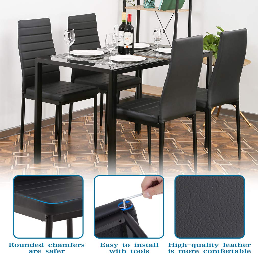 FDW | 5-Piece Dining Table Set | Glass Kitchen Table with 4 Upholstered Chairs | Space-Saving Design | Faux Leather Cushions | Modern Rectangular Table | Black | for Dining Room, Small Spaces