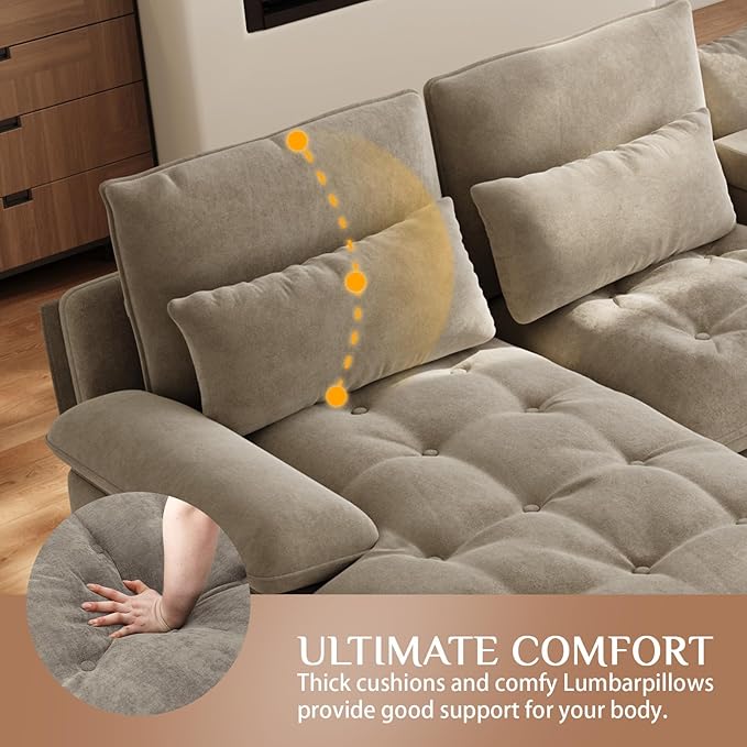 BEQAI 134"U Shaped Sectional Couches for Living Room,Oversized Modular Sectional Fluffy Couch with Chaise Lounge & Tufted Buttons,Modern Chenille 6 Seat Living Room Sofa Set with Storage Console,Camel