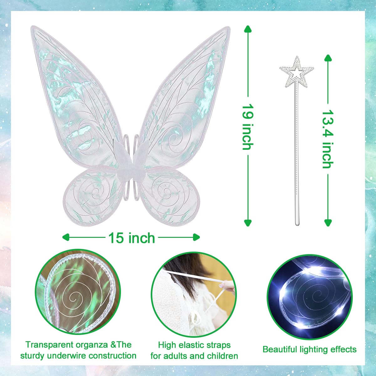 quescu Fairy Wings for Girls,Light up Butterfly Wings for Adults,LED Fairy Costume for Women Halloween Dress Up Party Favor (White)
