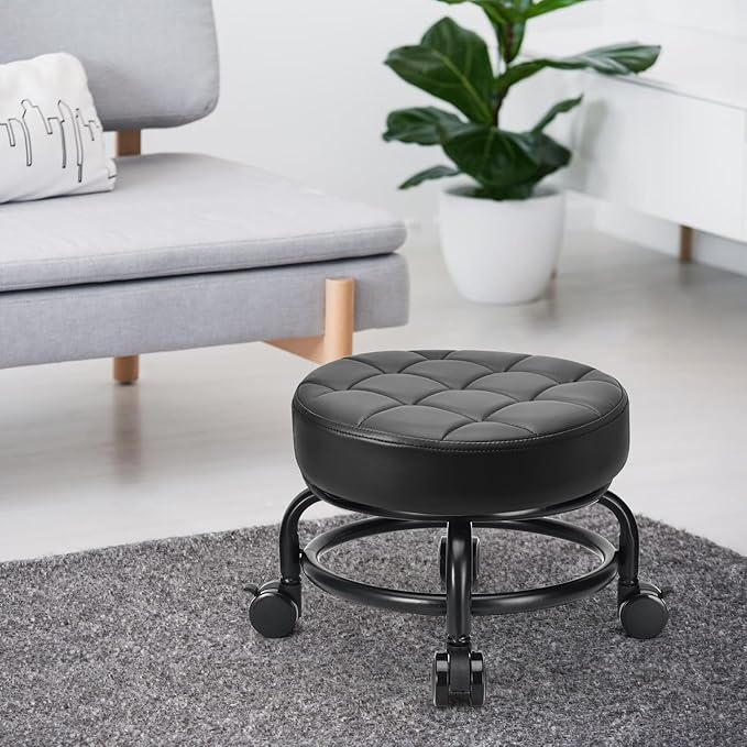 LWADALN Low Roller Seat Low Height Rolling Stool PU Leather Rolling Stool, Modern Rolling Chair for Home Office Garage Shop