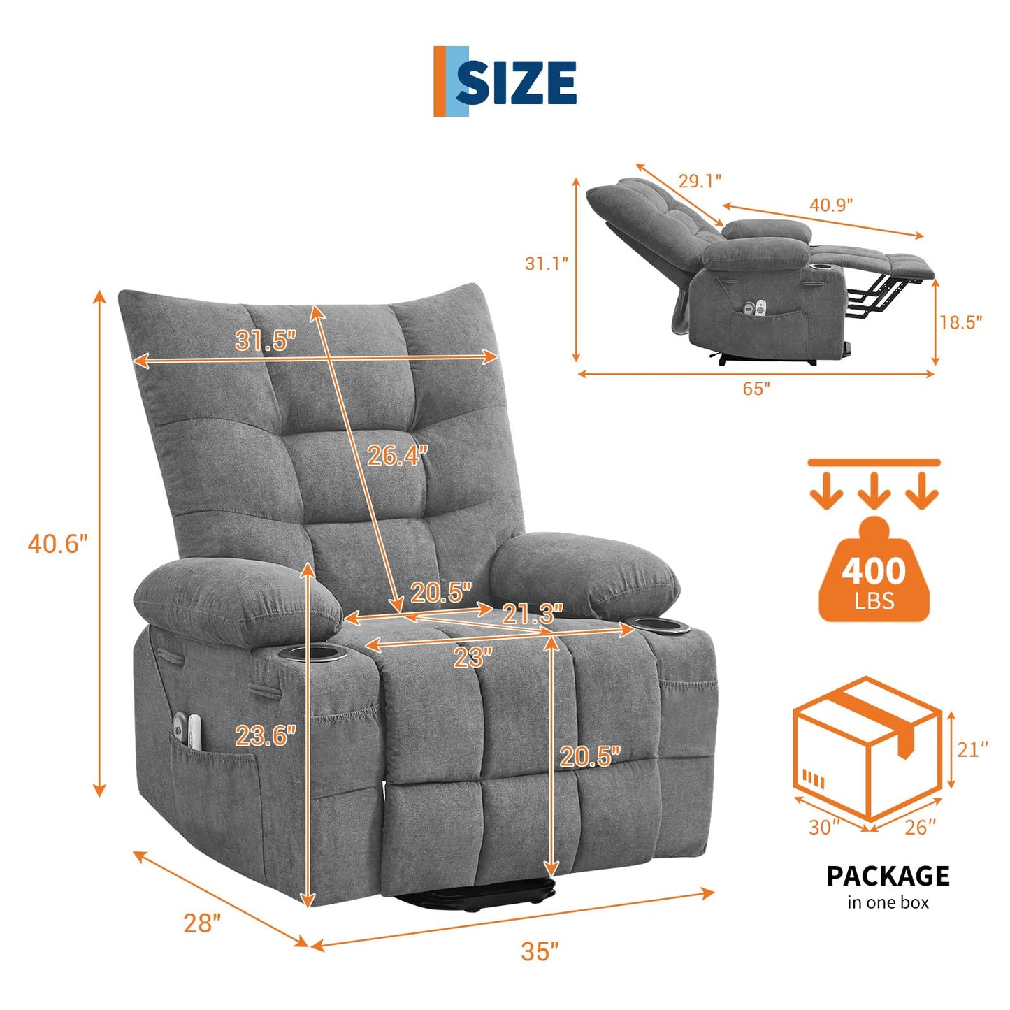 Power Lift Recliner Chair for Elderly - Electric Massage & Heat Recliner with 45° Assist Stand, Living Room Sofa for Small Space Furniture, Swivel Rocker with Cup Holders, Reclining Lounge for Adults