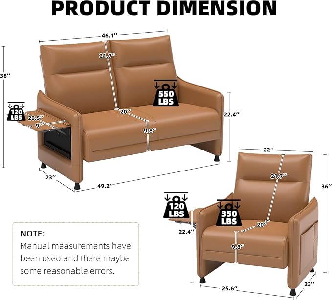 Tbillionnext 3-Piece Living Room Sofa Set, Faux Leather Loveseat & Accent Chairs Set of 2 with Hidden Foldable Tray & Side Pocket, Rear Contour Arm Design, Upholstered Sofa Set for Office, Brown