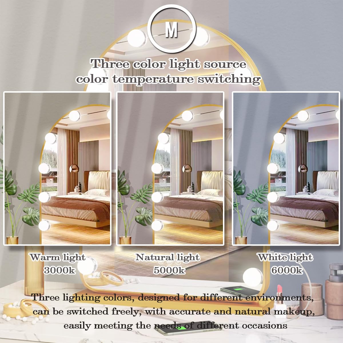 THEKLA Gold Arch Hollywood Vanity Mirror with Lights for Makeup Desk Table Wall Detachable Base Stand X10 Magnifying Dimmable 3 Color Lights 15 Bulbs Gold Arch Hollywood Lighted Vanity Makeup Mirror