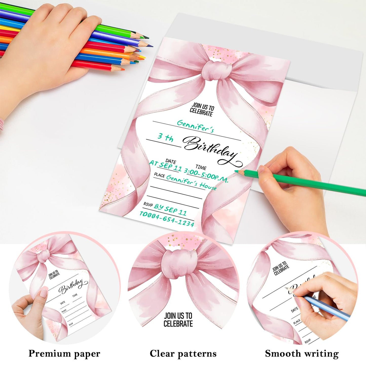 BSNZZIO Pink Bow Birthday Invitation Cards, Girl Pink Birthday Invite For Girls Women, 20 Double-Sided Fill in Invitations With Envelopes Celebration Party Supplies -4616