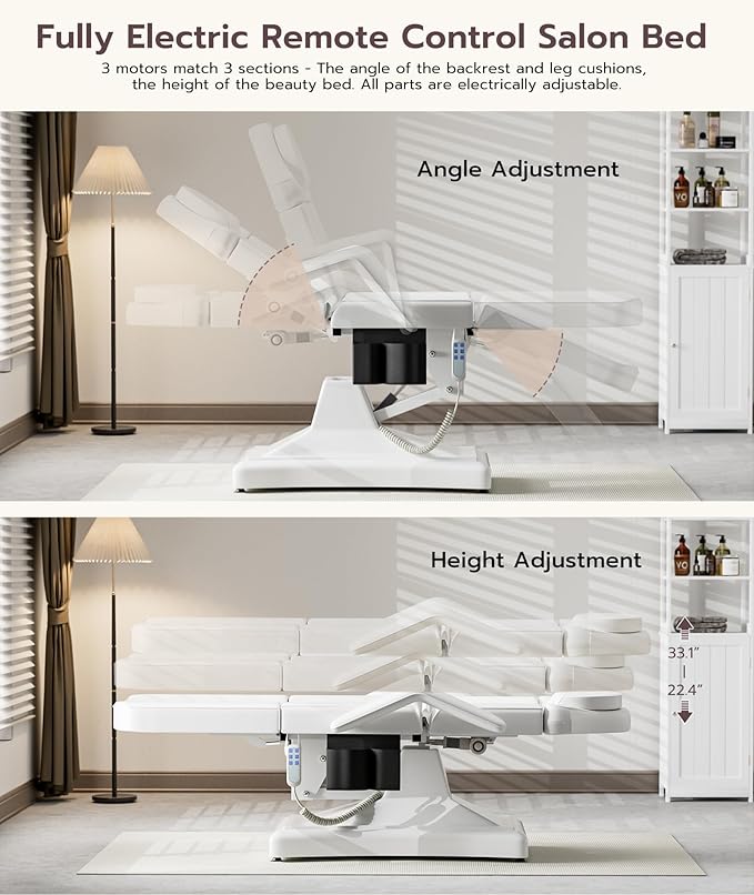 Icoget Fully Electric Tattoo Chair Esthetician Bed for Clients, 3-Motor Adjustable Spa Table Facial Bed for Lashing, Waxing, Professional Aesthetics Chair for Salon, White
