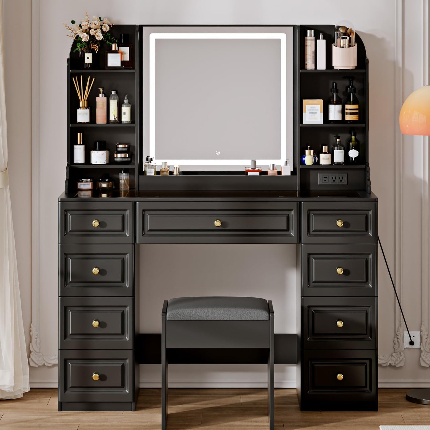Arulvmrn 42" Makeup Vanity Desk with Mirror and Lights, & Power Outl, Glass Top Big Vanity Table with 9 Drawers& 8 Storage Shelves, Dressing Table Set with Chair for Bedroom, Black